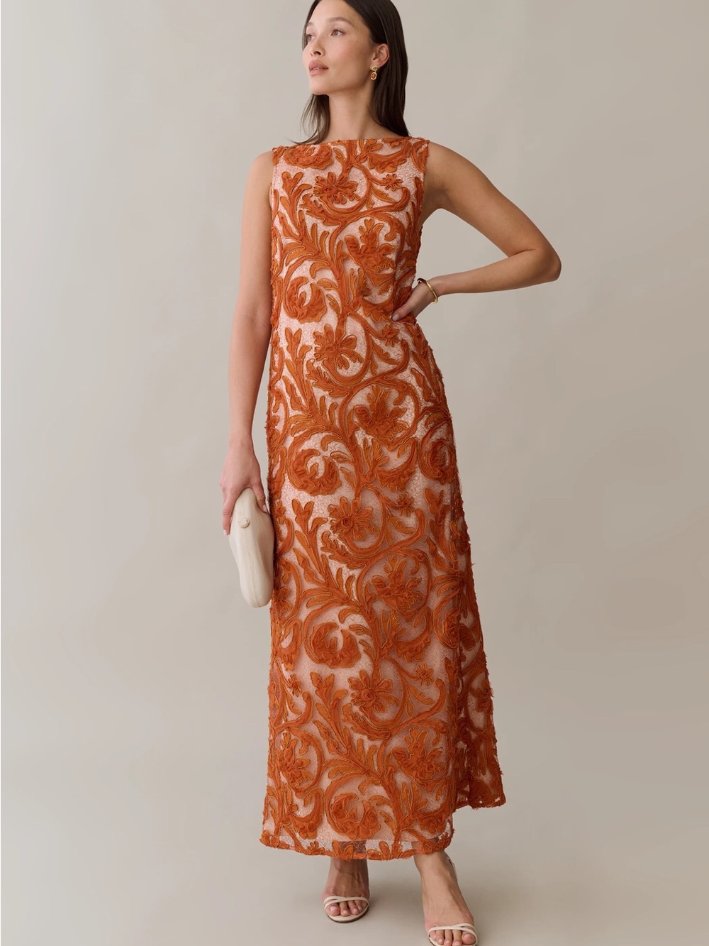 Embroidered Orange Maxi Dress with Floral Motif